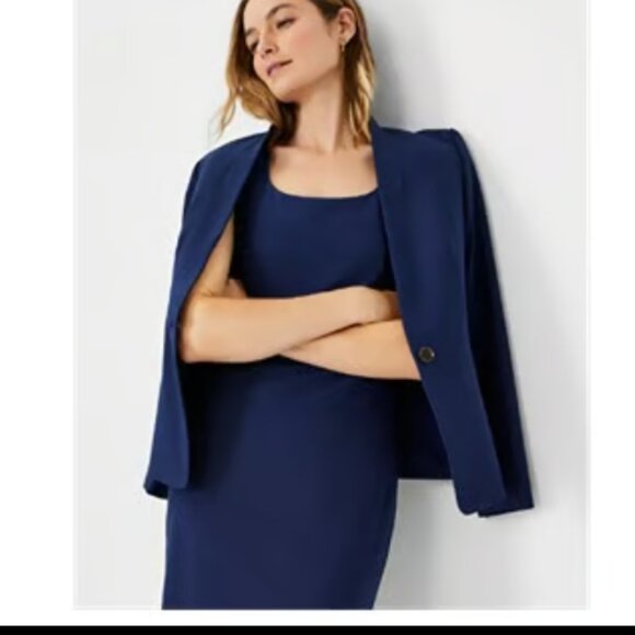 ANN TAYLOR BI STRETCH SHEATH SCOOP NECK CAP SLEEVE PURE SAPPHIRE NAVY DRESS $149 - Picture 3 of 11